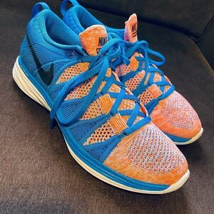 NIKE Air Zoom FLYKNIT Lunar 2 Blue Orange White Womens 8 US 39 EUR Running Shoes